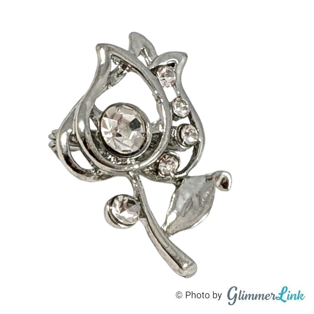 Dainty Tulip Flower Clear Rhinestones Silver Tone Brooch Pin